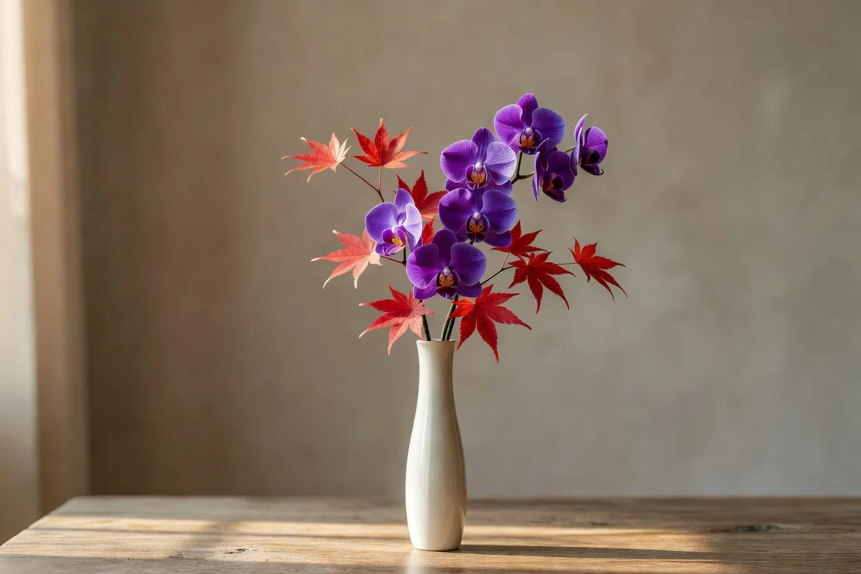 背の高い紫蘭と紅葉