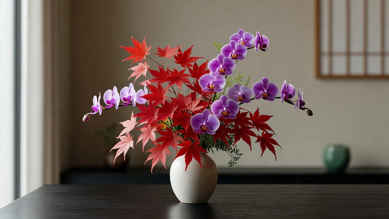 紅葉と紫蘭のエレガントな花束 - Maple Orchid プレミアムアレンジメント