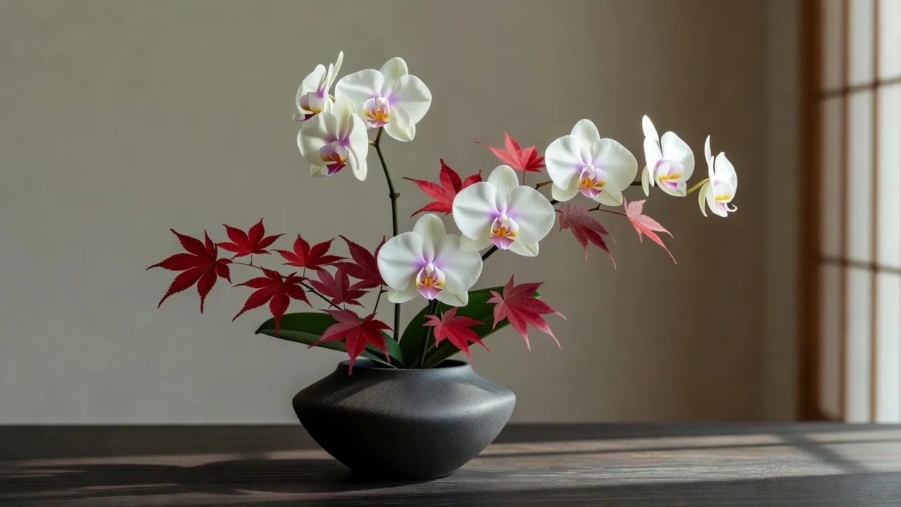 いけばな風の紅葉と白蘭