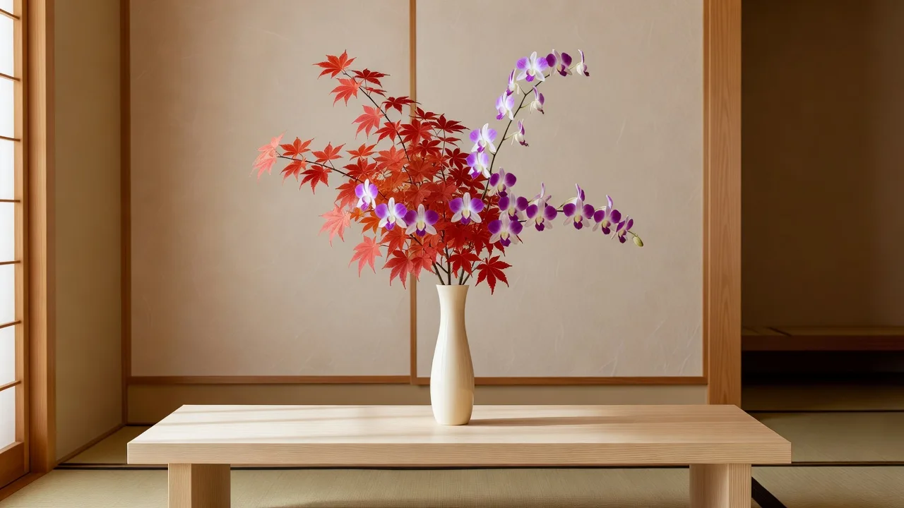 紅葉の背の高い花瓶アレンジ