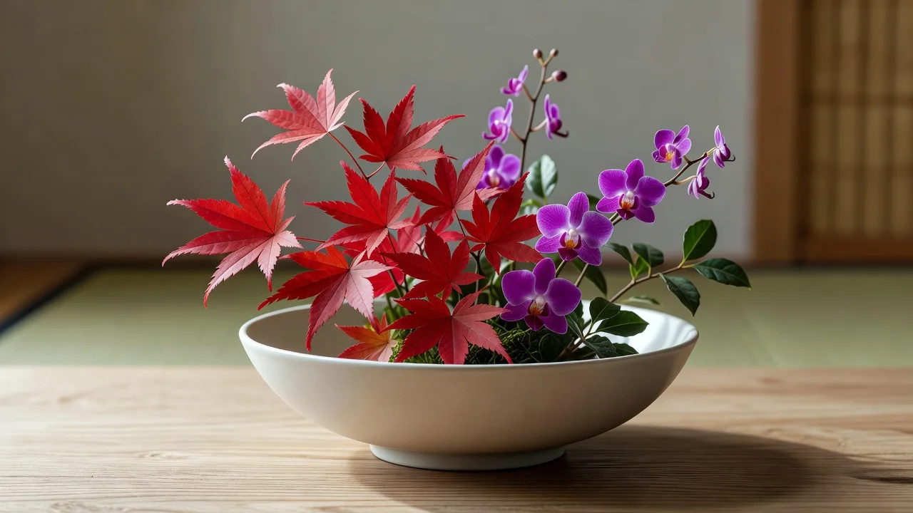 紅葉と蘭の季節限定アレンジメント