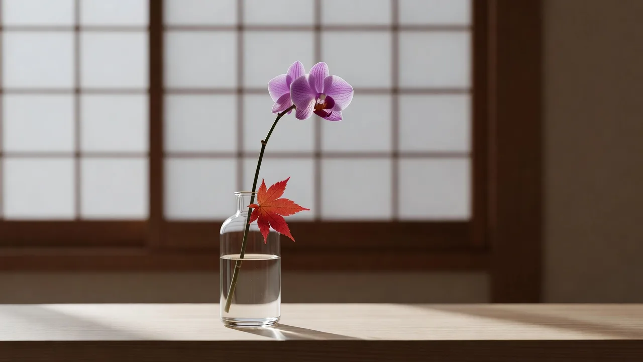一輪の蘭と紅葉のミニマリスト