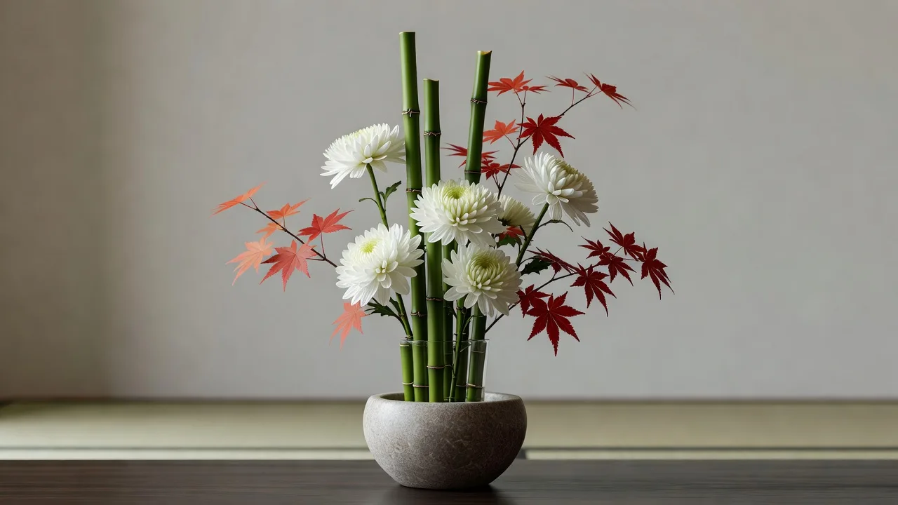 禅風紅葉と竹